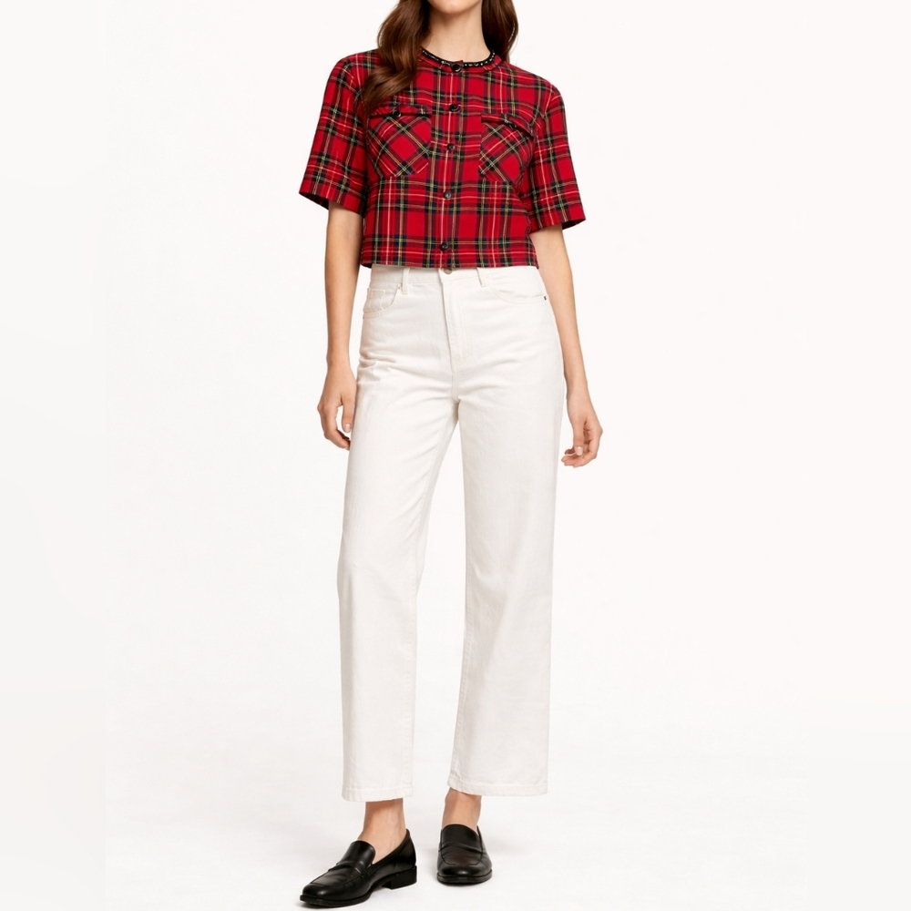 VINTAGE M.H.M Plaid Button Front Crop Jacket | 10 | Red Tartan | Retro Preppy